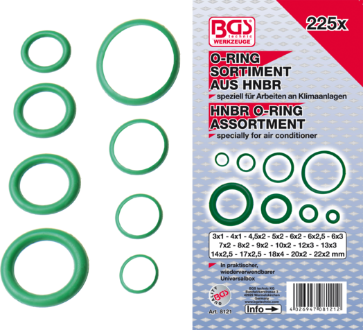 .O-Ring-Sortiment, HNBR für Klima, Ø3-22mm, 225-tlg. (Art. 8121)